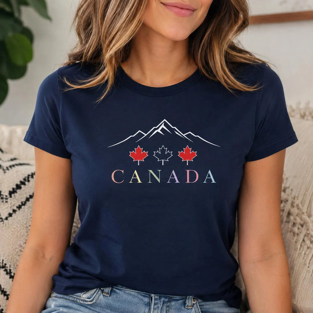 Canada Mountain T-Shirt, Canadian Maple Leaf Graphic Tee, Minimalist Travel Shirt, Canada Gift for Women